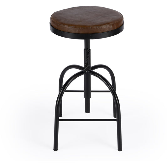 Clyde Bar Stool by Butler Specialty Company in brown and brown leather. Made from iron, brown leather, fr foam in a modern style.
