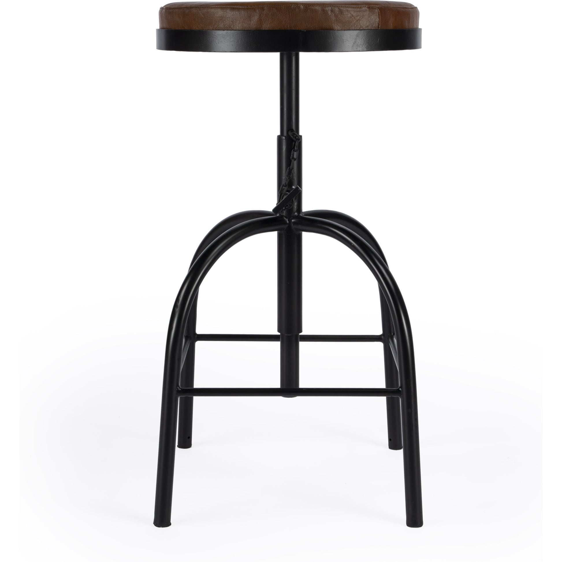Clyde Bar Stool by Butler Specialty Company in brown and brown leather. Made from iron, brown leather, fr foam in a modern style.
