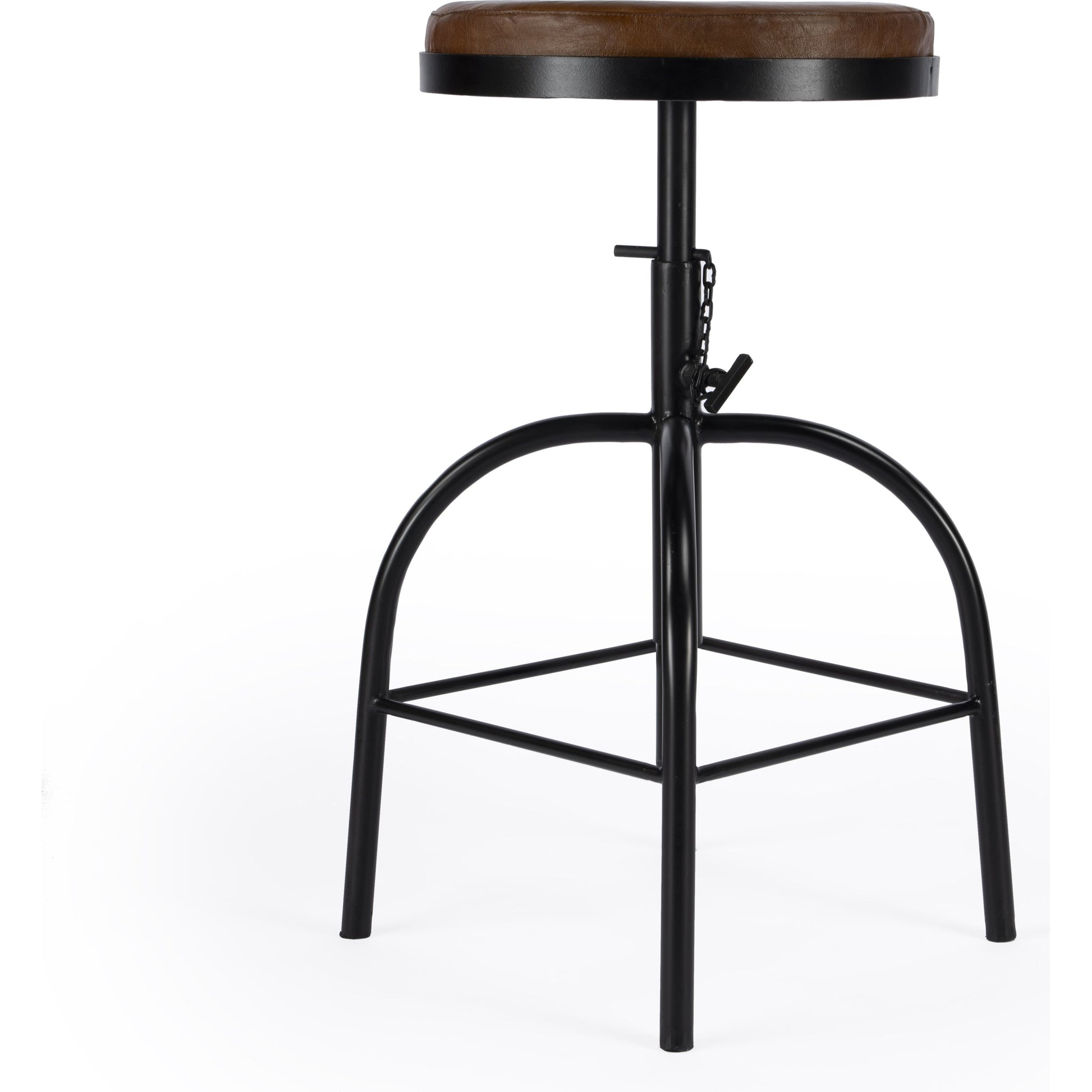 Clyde Bar Stool by Butler Specialty Company in brown and brown leather. Made from iron, brown leather, fr foam in a modern style.