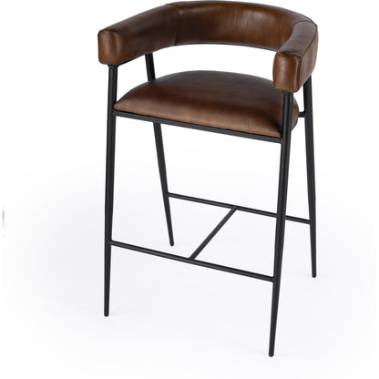 Dallas Bar Stool by Butler Specialty Company in brown and brown leather. Made from upholstery: leather (goat leather) in a modern style.