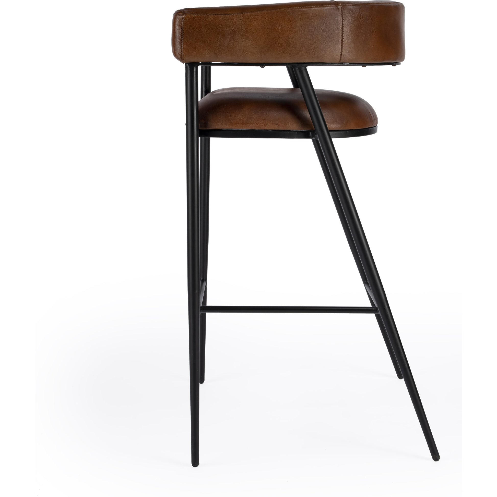 Dallas Bar Stool by Butler Specialty Company in brown and brown leather. Made from upholstery: leather (goat leather) in a modern style.