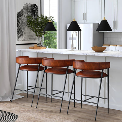 Dallas Bar Stool by Butler Specialty Company in brown and brown leather. Made from upholstery: leather (goat leather) in a modern style.