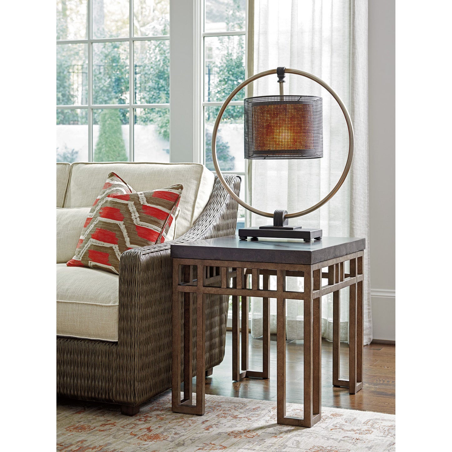 003 SR-836281 | Lifestyle | Montera Travertine End Table by Tommy Bahama Home. Made from unique in a transitional style.