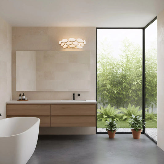 High Tide 3 Light Bath by Varaluz in gold. Made from steel, alabaster in a unique style.