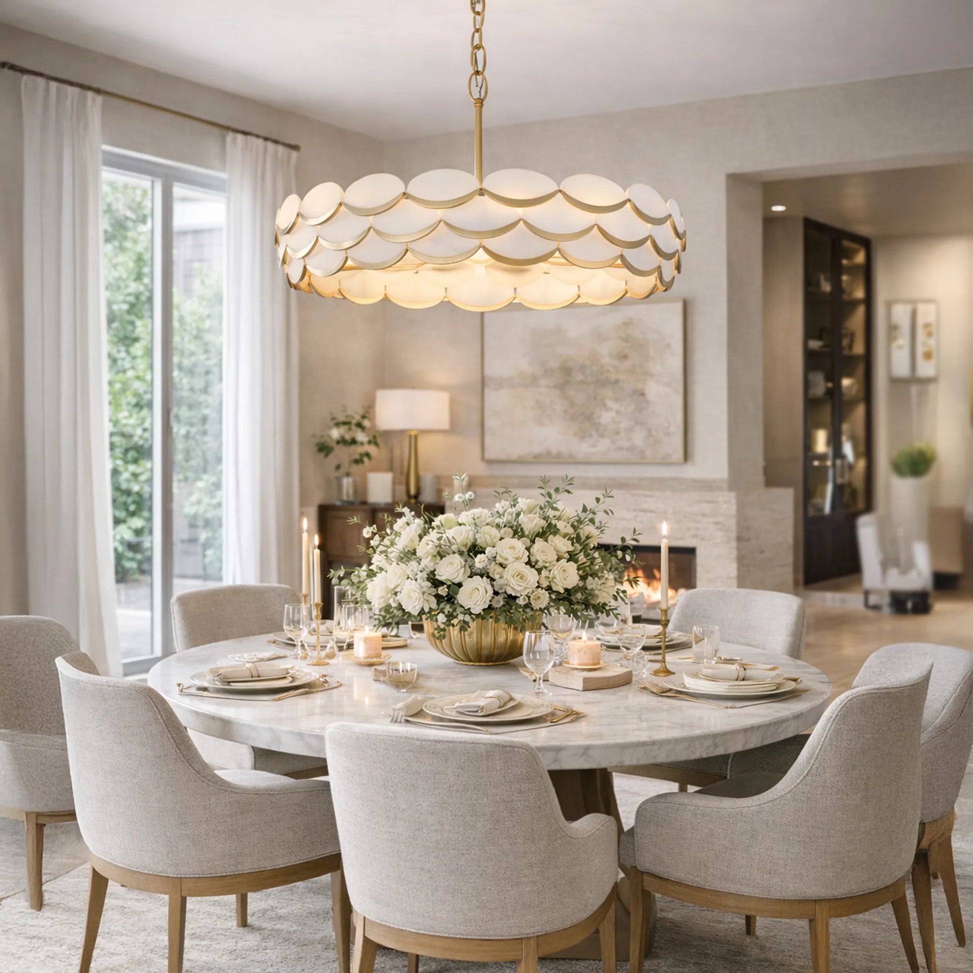 High Tide 8 Light Pendant by Varaluz in gold. Made from steel, alabaster in a unique style.