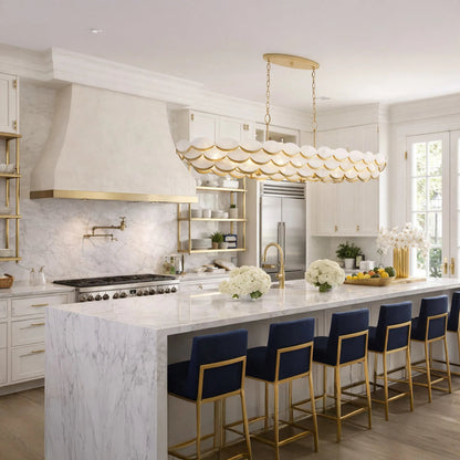 High Tide 6 Light Linear Pendant by Varaluz in gold. Made from steel, alabaster in a unique style.