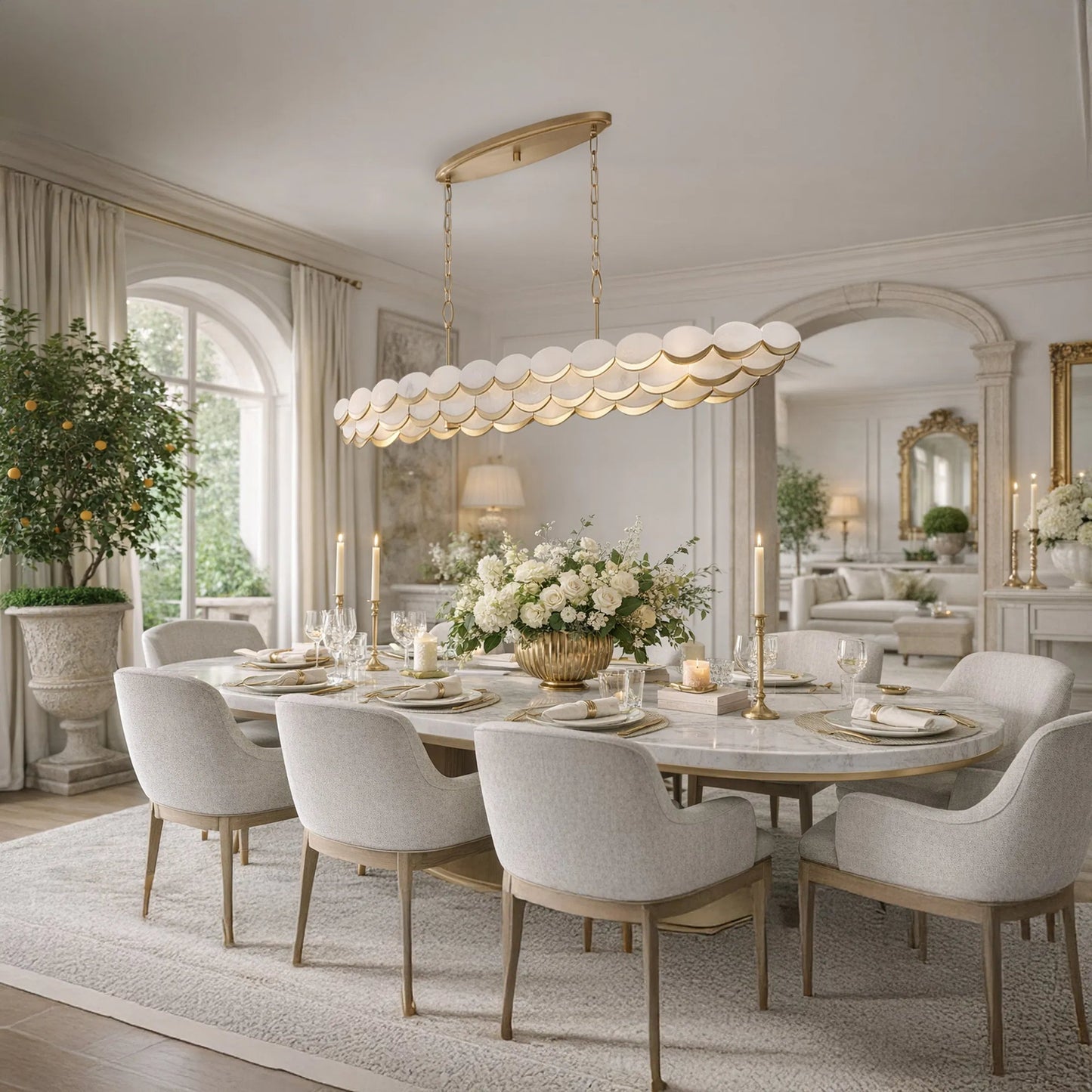 004 SI-2536994 | Lifestyle | High Tide 6 Light Linear Pendant by Varaluz in gold. Made from steel, alabaster in a unique style.