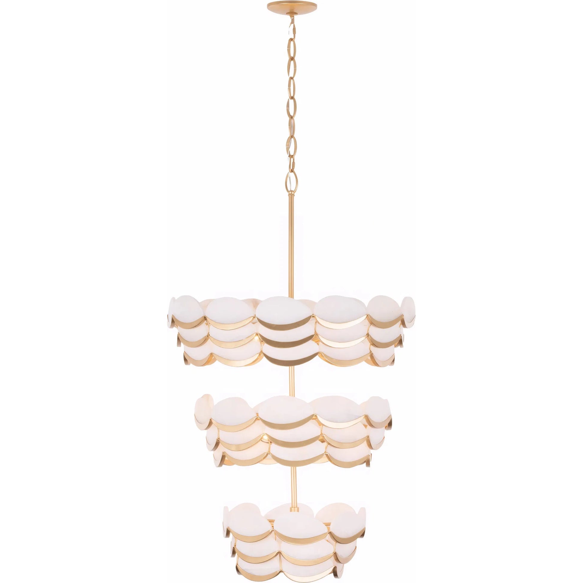 High Tide 11 Light 3 Tier Pendant by Varaluz in gold. Made from steel, alabaster in a unique style.