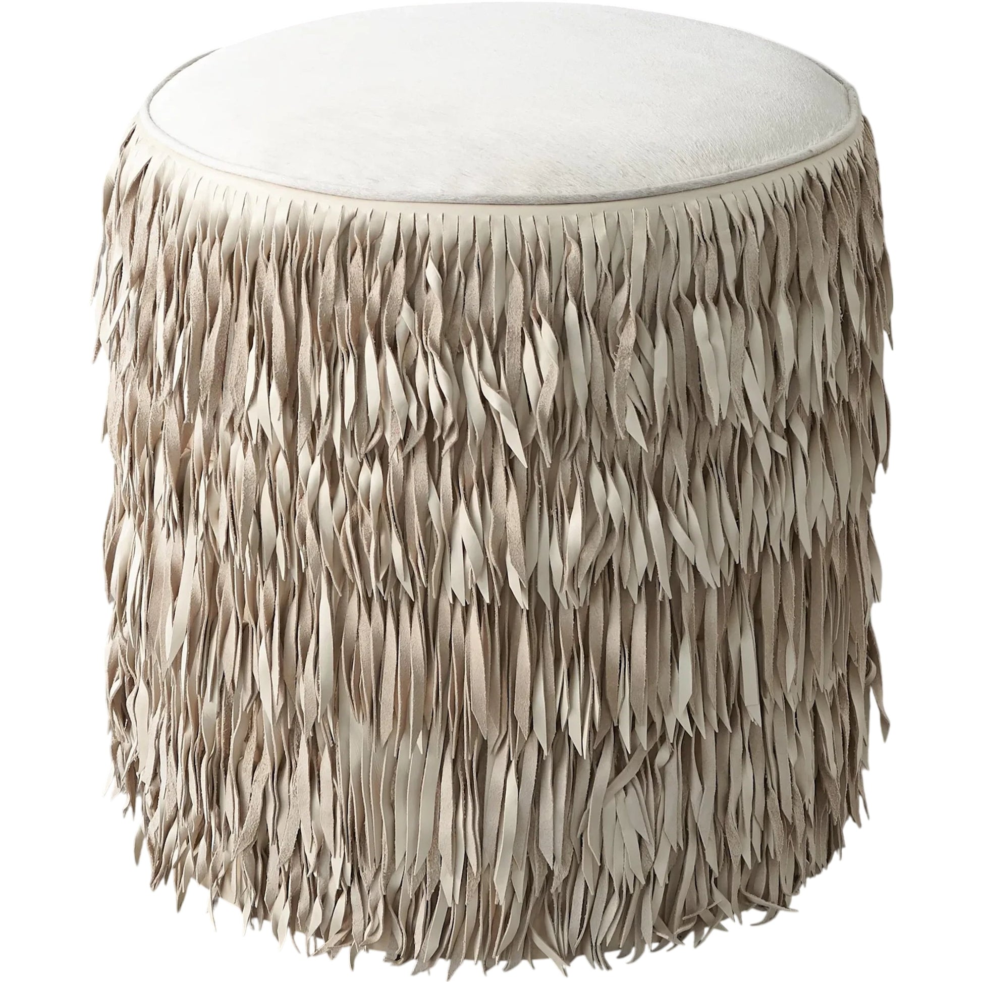 Fringe Ottoman by Global Views. Made from mdf, leather, pvc in a unique style.