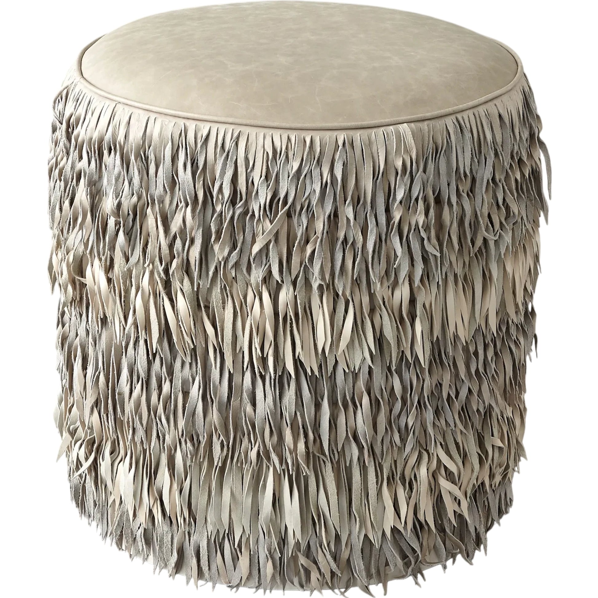 Fringe Ottoman by Global Views. Made from mdf, leather, pvc in a unique style.