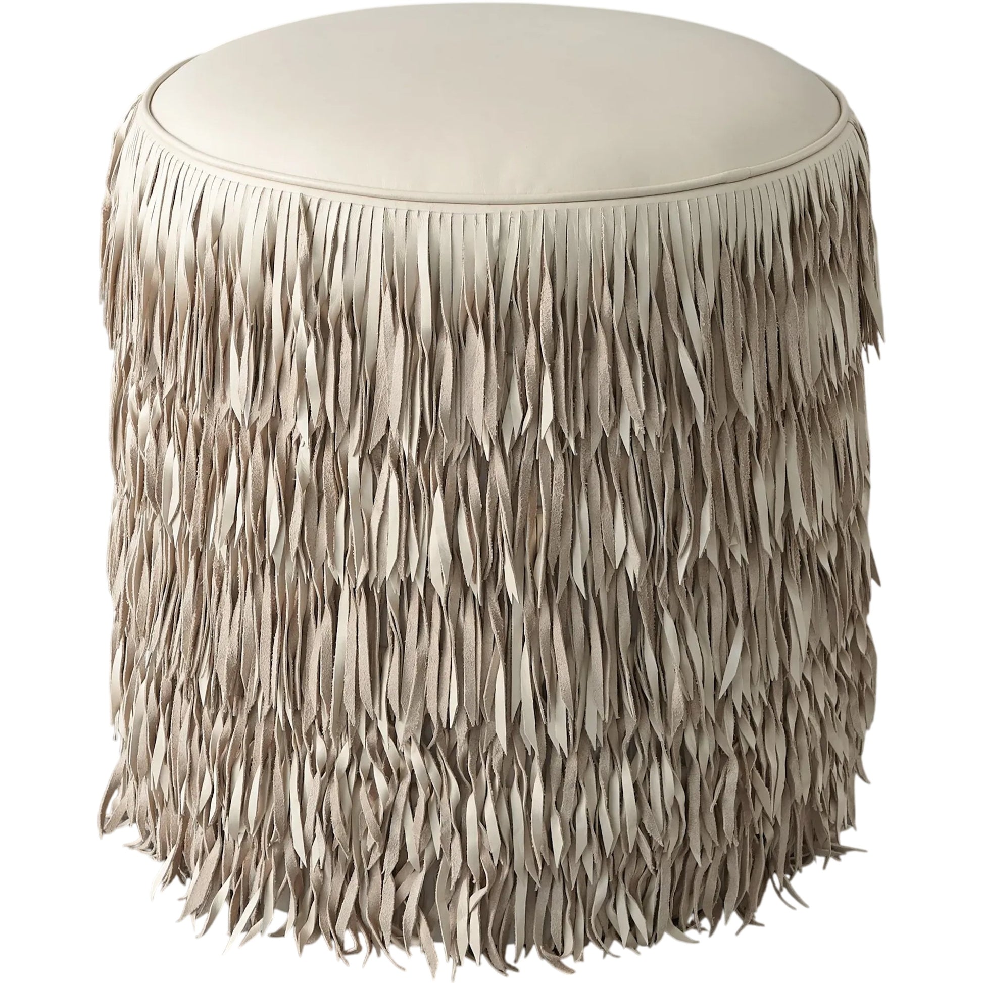 Fringe Ottoman by Global Views. Made from mdf, leather, pvc in a unique style.