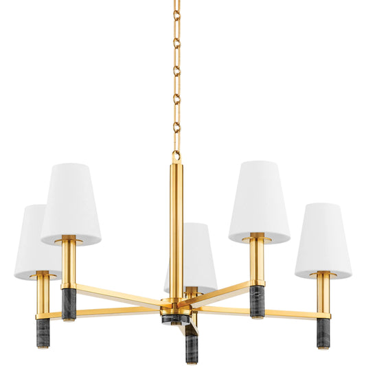 Montreal 5-Light Chandelier by Hudson Valley in aged brass. Made from steel in a unique style.