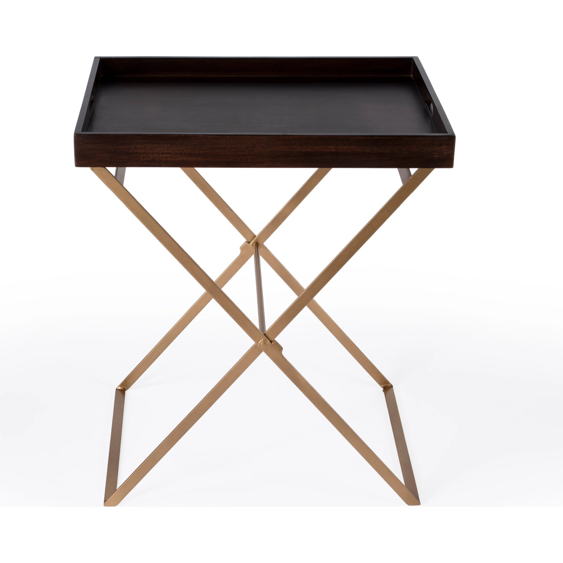 Emma Tray Table by Butler Specialty Company in brown and gold. Made from mango wood, iron in a modern style.