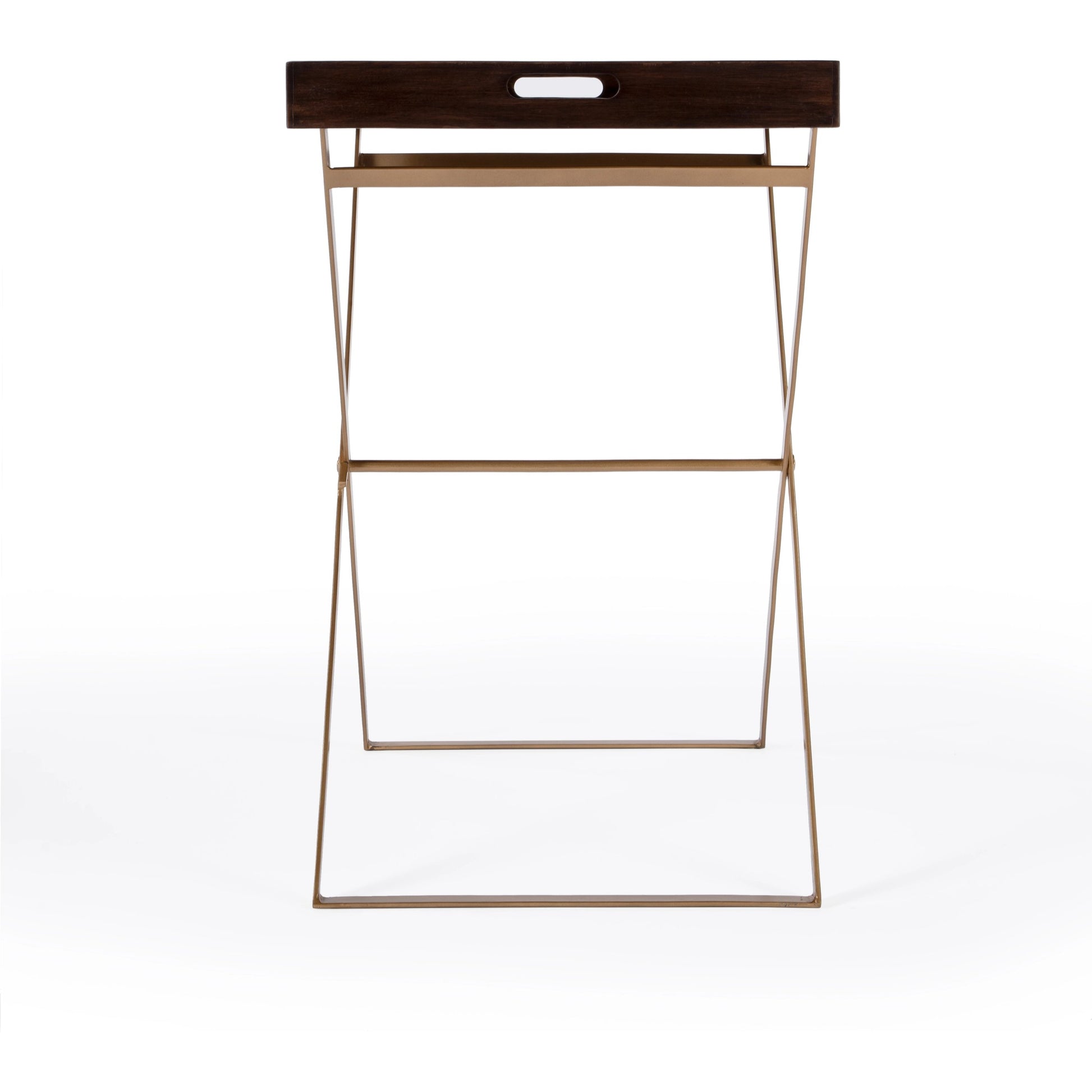 Emma Tray Table by Butler Specialty Company in brown and gold. Made from mango wood, iron in a modern style.