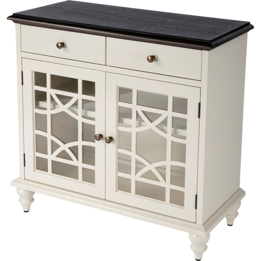 Rene 2 Door 2 Drawer Cabinet by Butler Specialty Company in white and glossy white. Made from bayur wood, mdf veneer, okume & regular glass in a cottage & farmhouse style.