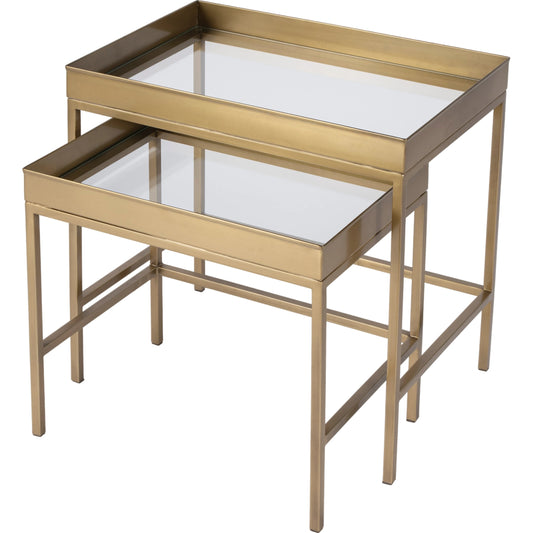 Lenny  Nesting Tables by Butler Specialty Company in gold and antique gold. Made from stainless steel & glass in a modern style.