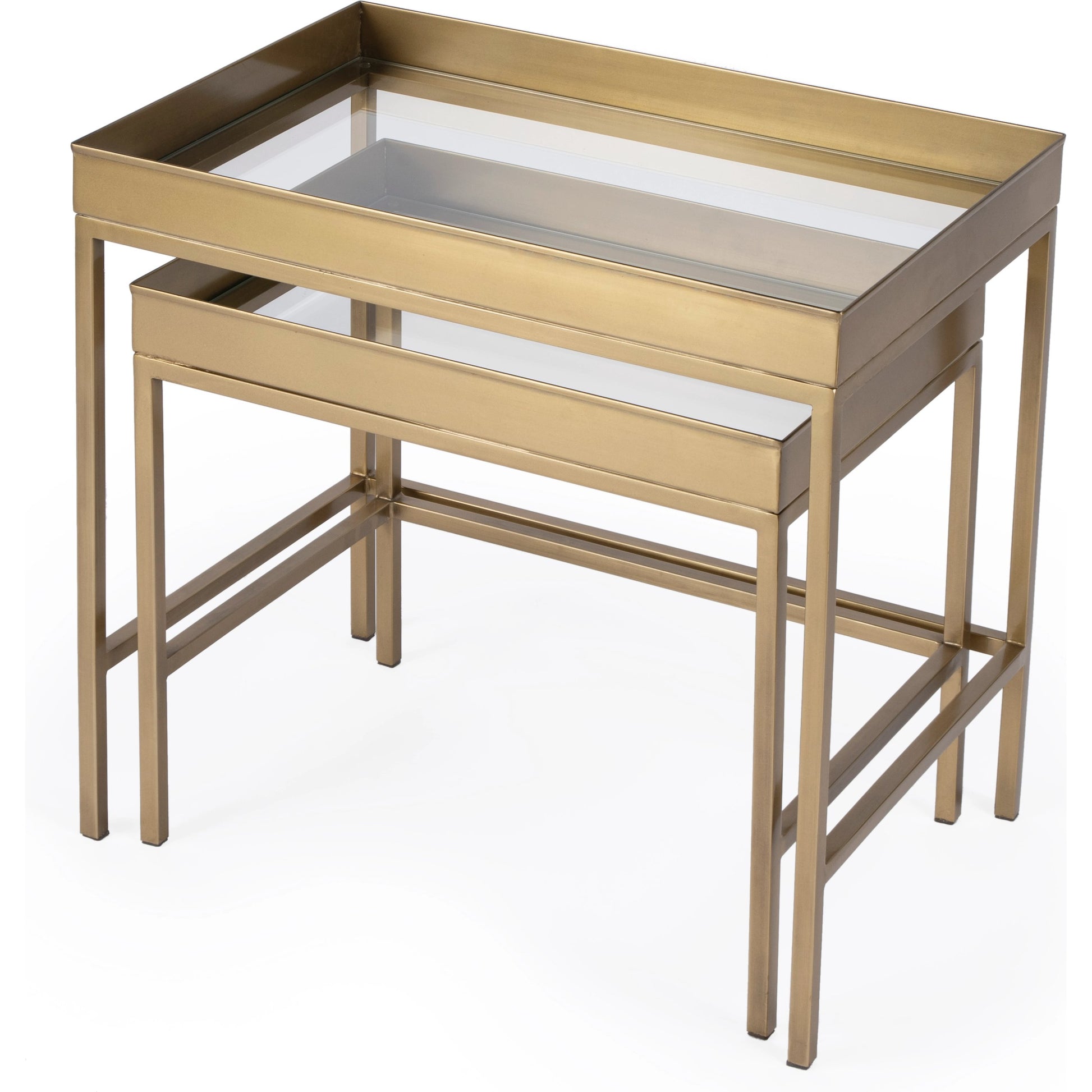 Lenny  Nesting Tables by Butler Specialty Company in gold and antique gold. Made from stainless steel & glass in a modern style.