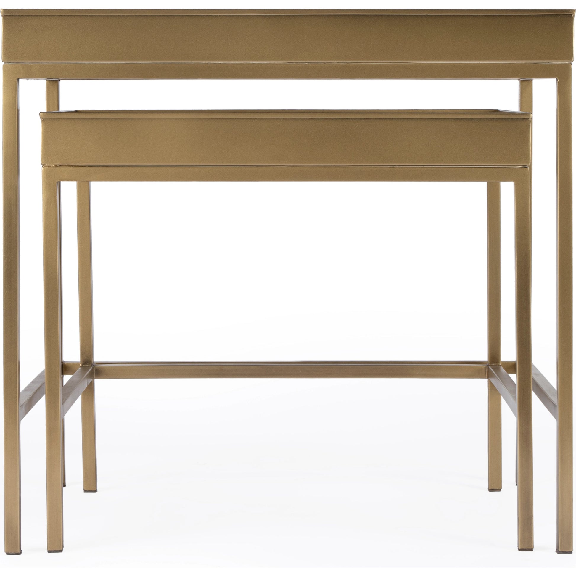 Lenny  Nesting Tables by Butler Specialty Company in gold and antique gold. Made from stainless steel & glass in a modern style.
