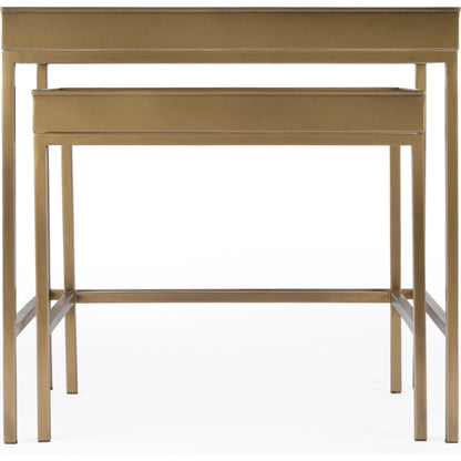 Lenny  Nesting Tables by Butler Specialty Company in gold and antique gold. Made from stainless steel & glass in a modern style.