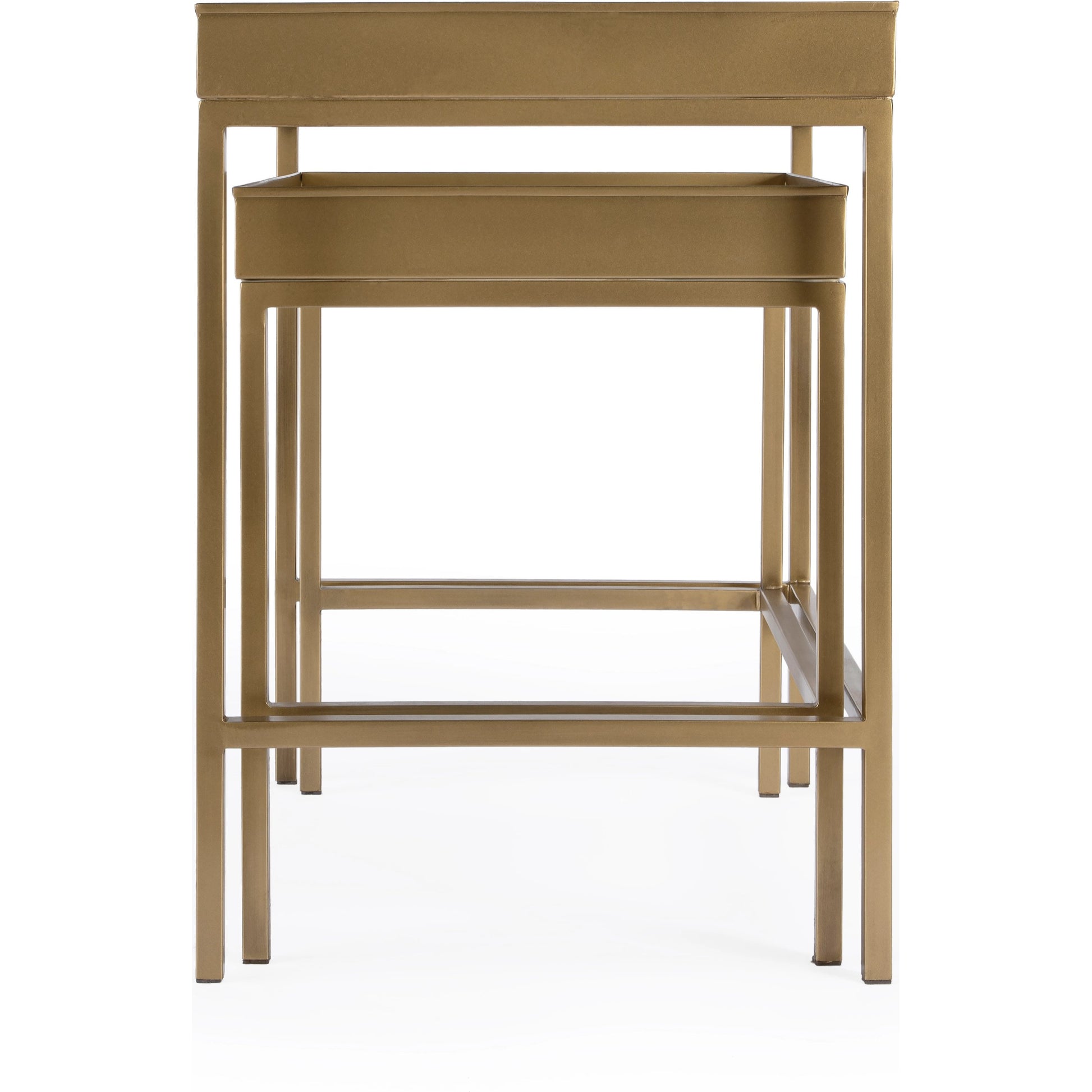 Lenny  Nesting Tables by Butler Specialty Company in gold and antique gold. Made from stainless steel & glass in a modern style.
