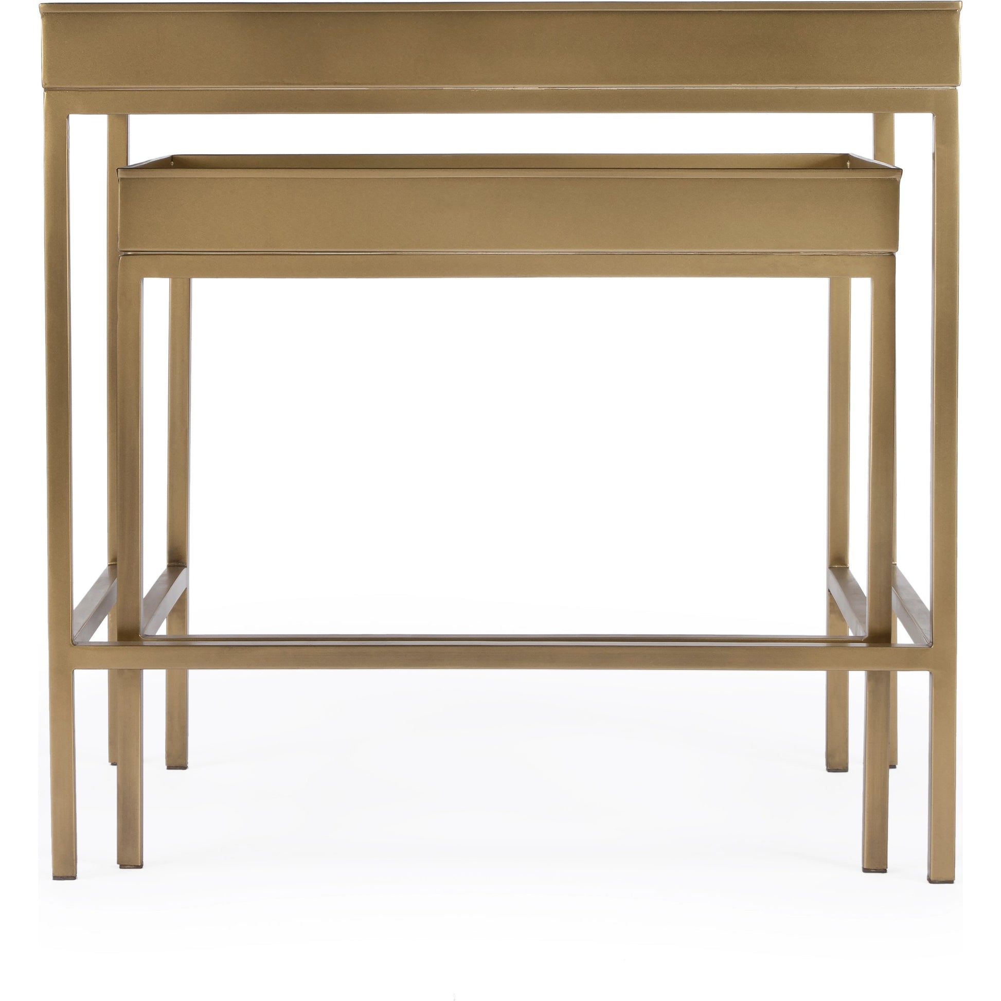 Lenny  Nesting Tables by Butler Specialty Company in gold and antique gold. Made from stainless steel & glass in a modern style.