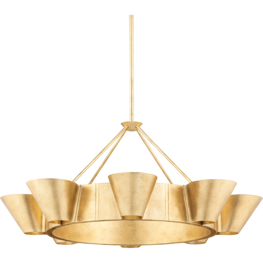 Reeve Chandelier by Hudson Valley in vintage gold leaf. Made from steel in a modern style.