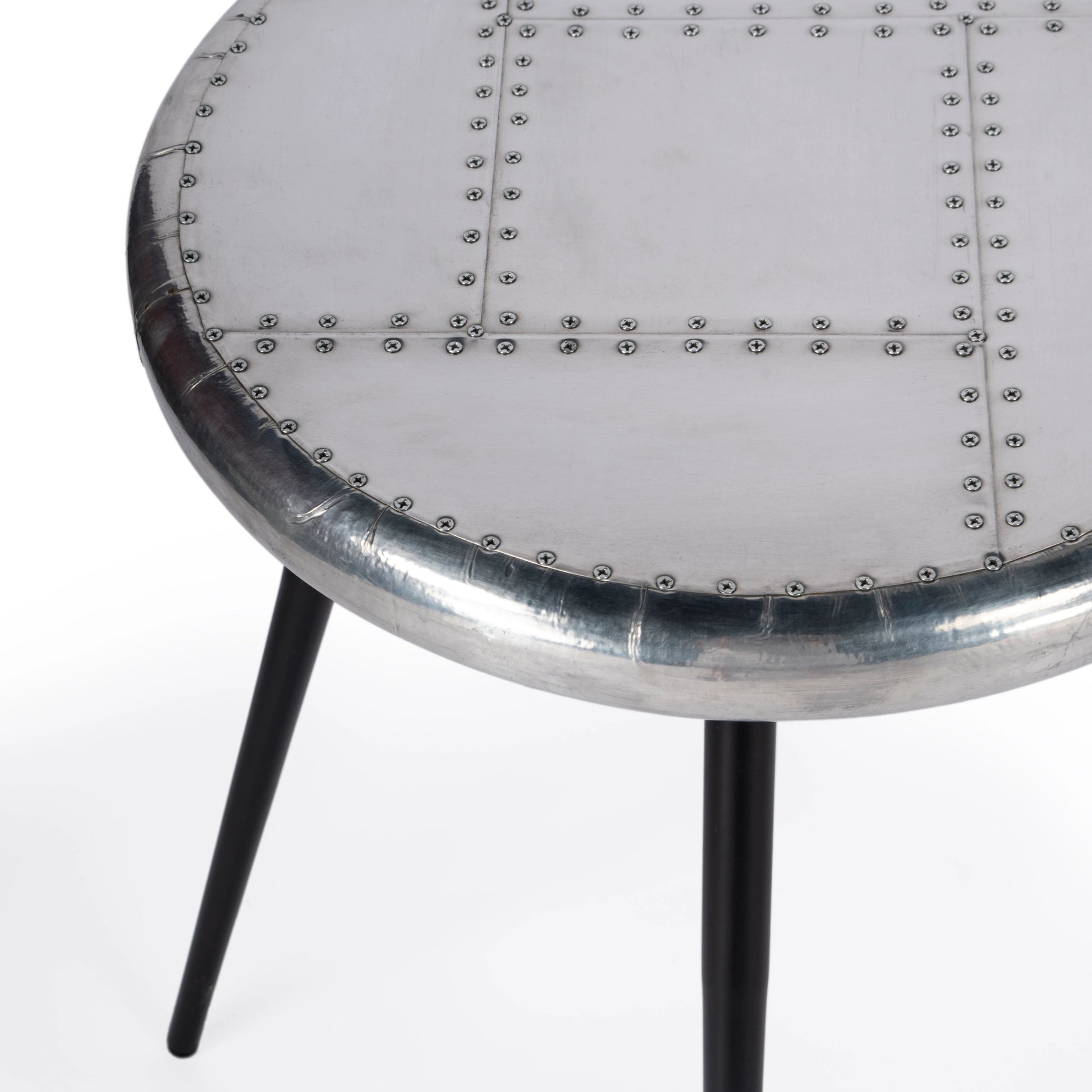 Midway Aviator Accent Table by Butler Specialty Company in silver and metalworks. Made from mdf, aluminum sheet, iron in a modern style.