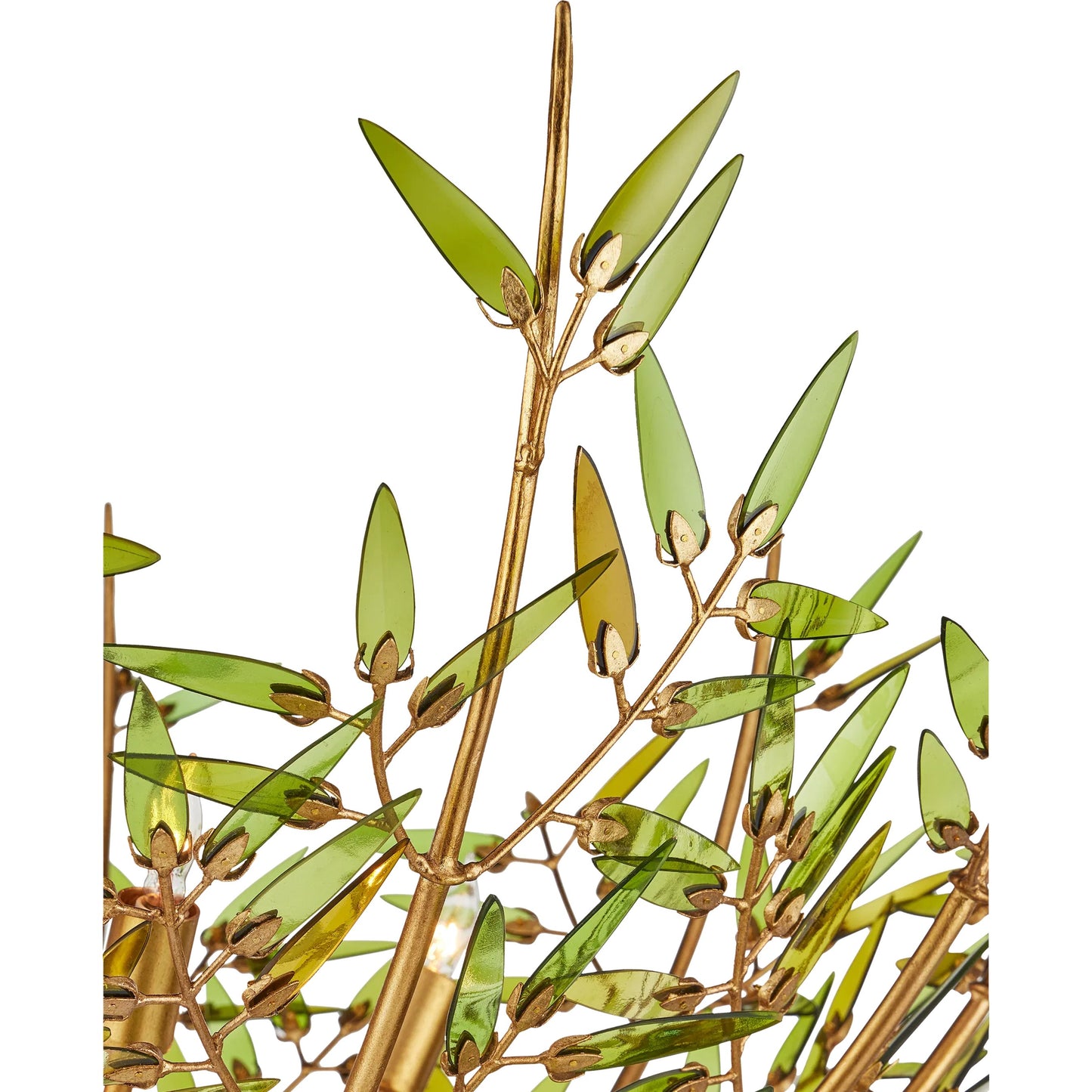 001 SI-2386945 | Closeup | Babylon Chandelier by Currey and Company in green, contemporary gold leaf. Made from recycled bottle glass, wrought iron in a modern style.