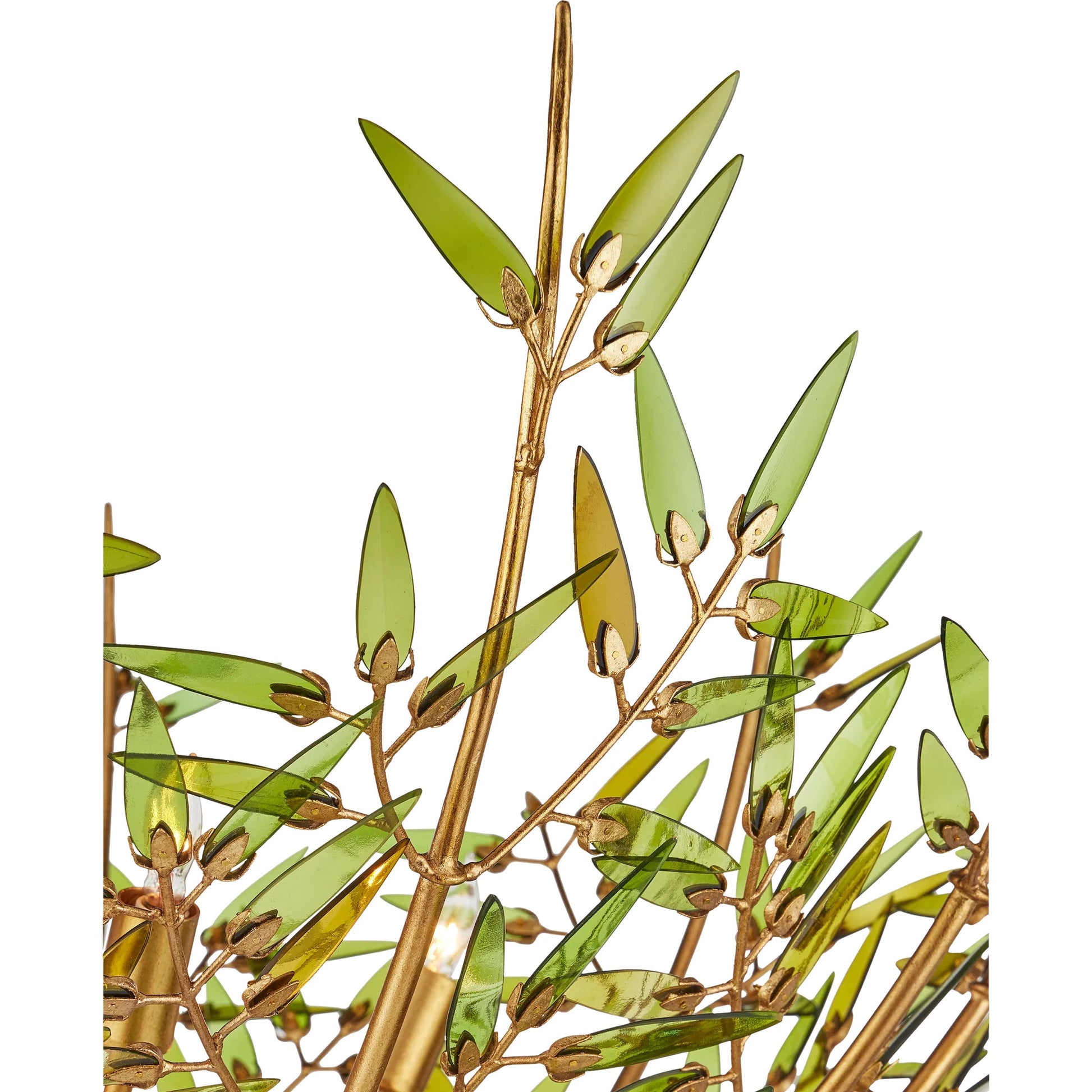 Babylon Chandelier by Currey and Company in green, contemporary gold leaf. Made from recycled bottle glass, wrought iron in a modern style.