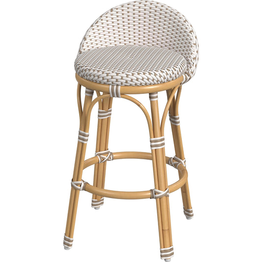 Tobias Outdoor Rattan Low Back Counter Stool by Butler Specialty Company. Made from polyethylene rattan weave, metal in a coastal style.