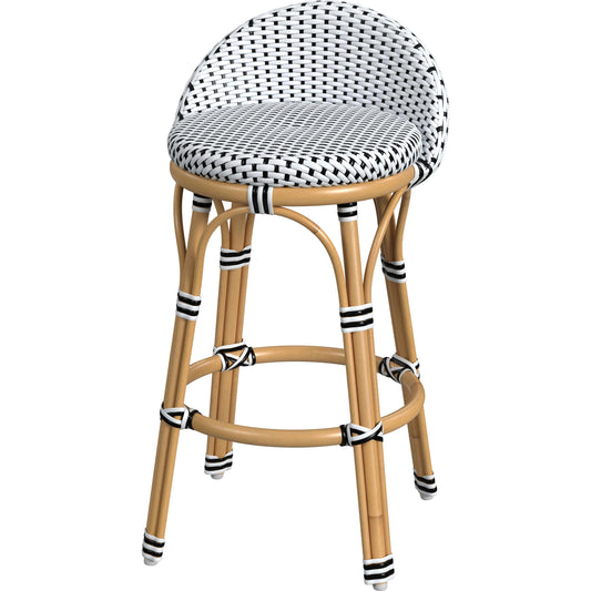 Tobias Outdoor Rattan Low Back Counter Stool by Butler Specialty Company. Made from polyethylene rattan weave, metal in a coastal style.