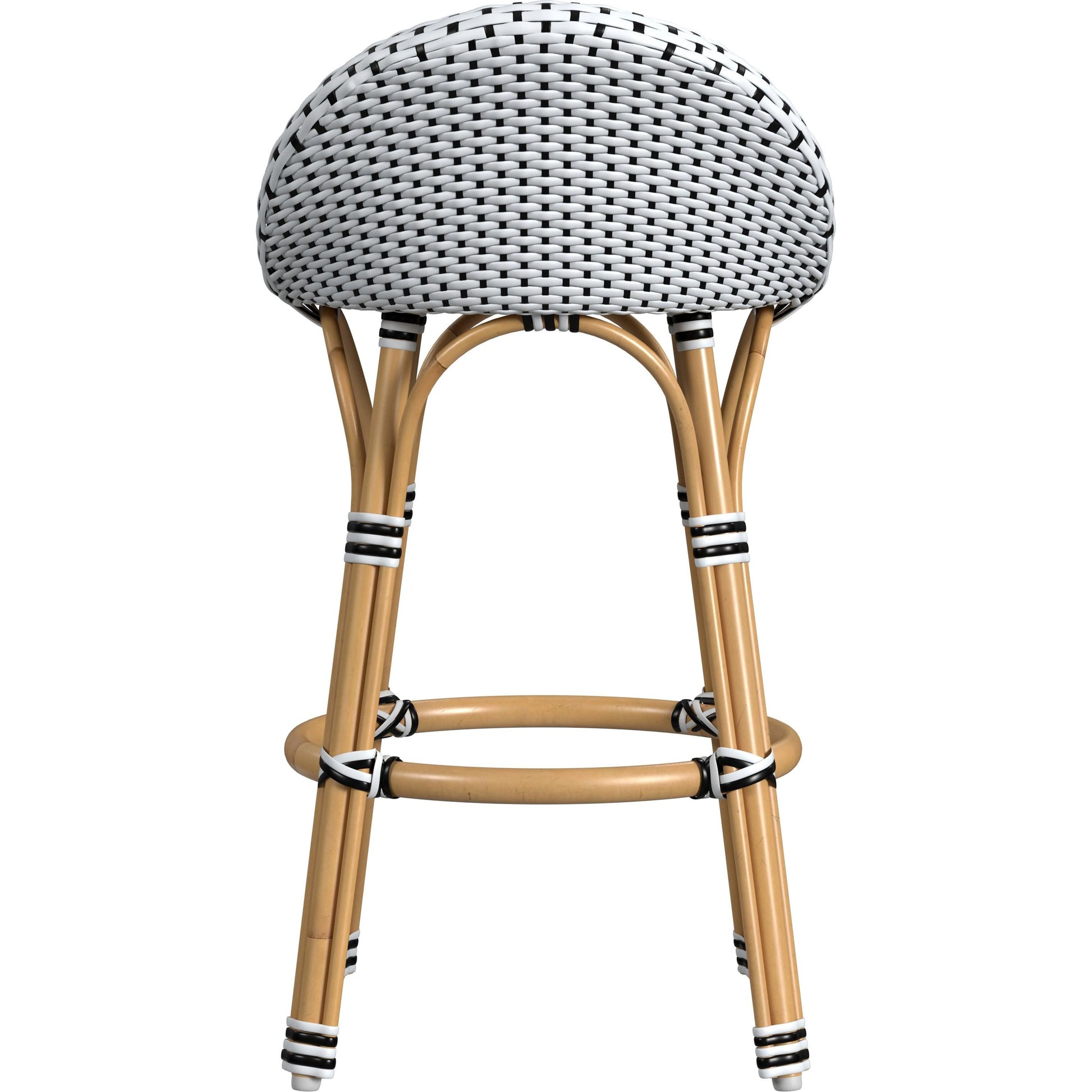 Tobias Outdoor Rattan Low Back Counter Stool by Butler Specialty Company. Made from aluminum: 80%, pe rattan weave: 20% in a coastal style.