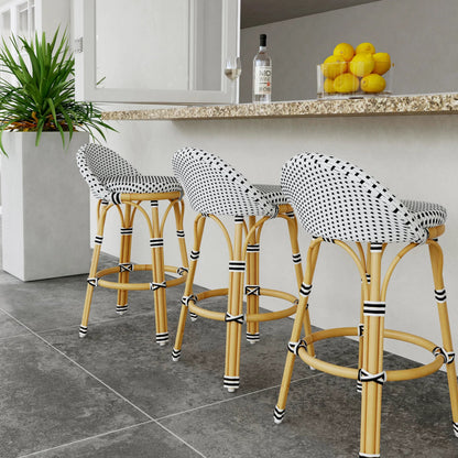 Tobias Outdoor Rattan Low Back Counter Stool by Butler Specialty Company. Made from aluminum: 80%, pe rattan weave: 20% in a coastal style.