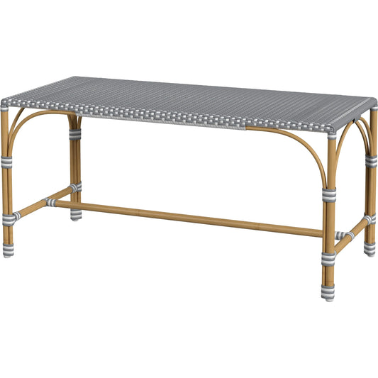 Tobias Outdoor Dining Bench by Butler Specialty Company. Made from aluminum, polyethylene rattan weave in a unique style.