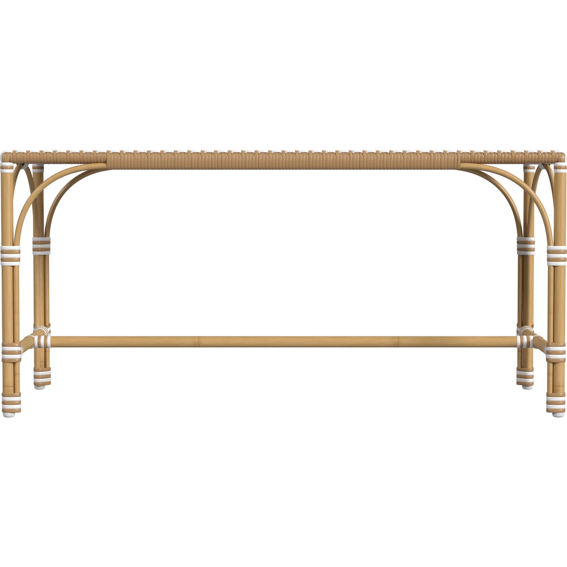 Tobias Outdoor Rattan Rectangular Dining Bench by Butler Specialty Company in black and white. Made from polyethylene rattan weave, metal in a coastal style.