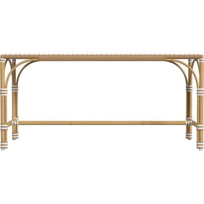 Tobias Outdoor Rattan Rectangular Dining Bench by Butler Specialty Company in black and white. Made from polyethylene rattan weave, metal in a coastal style.