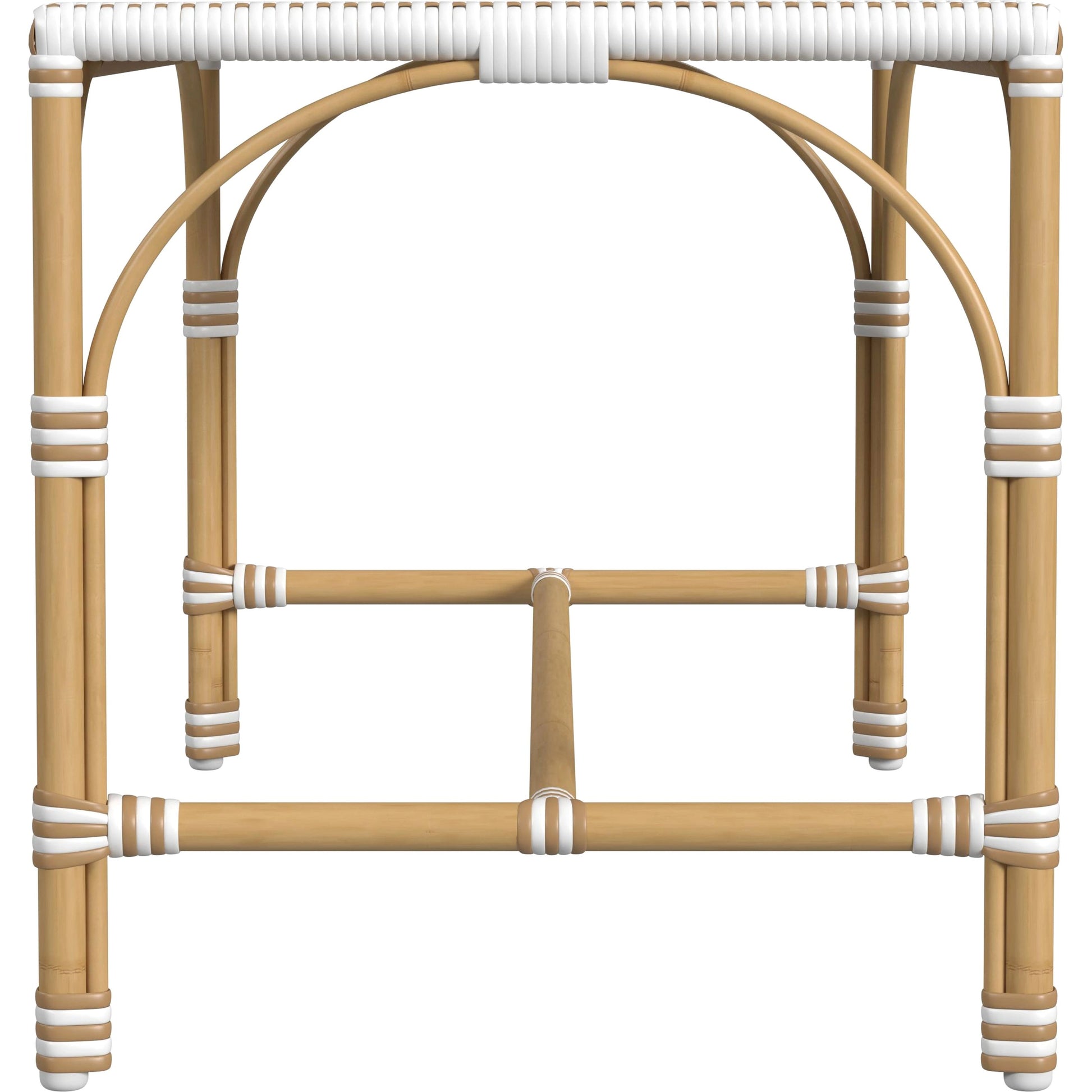 Tobias Outdoor Rattan Rectangular Dining Bench by Butler Specialty Company in black and white. Made from polyethylene rattan weave, metal in a coastal style.