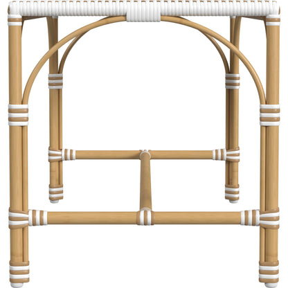 Tobias Outdoor Rattan Rectangular Dining Bench by Butler Specialty Company in black and white. Made from polyethylene rattan weave, metal in a coastal style.