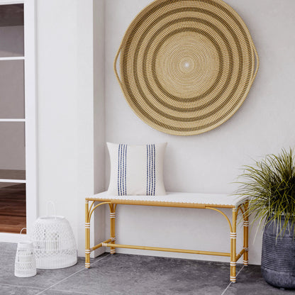 Tobias Outdoor Rattan Rectangular Dining Bench by Butler Specialty Company in black and white. Made from polyethylene rattan weave, metal in a coastal style.