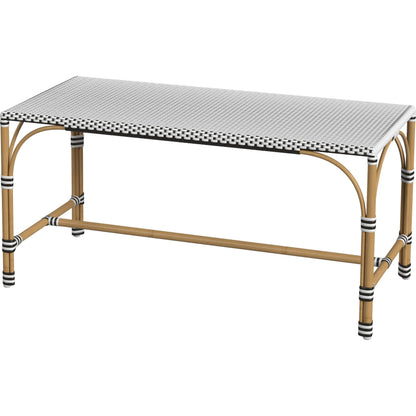 Tobias Outdoor Rattan Rectangular Dining Bench by Butler Specialty Company in black and white. Made from polyethylene rattan weave, metal in a coastal style.