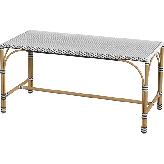 Tobias Outdoor Rattan Rectangular Dining Bench by Butler Specialty Company in black and white. Made from polyethylene rattan weave, metal in a coastal style.