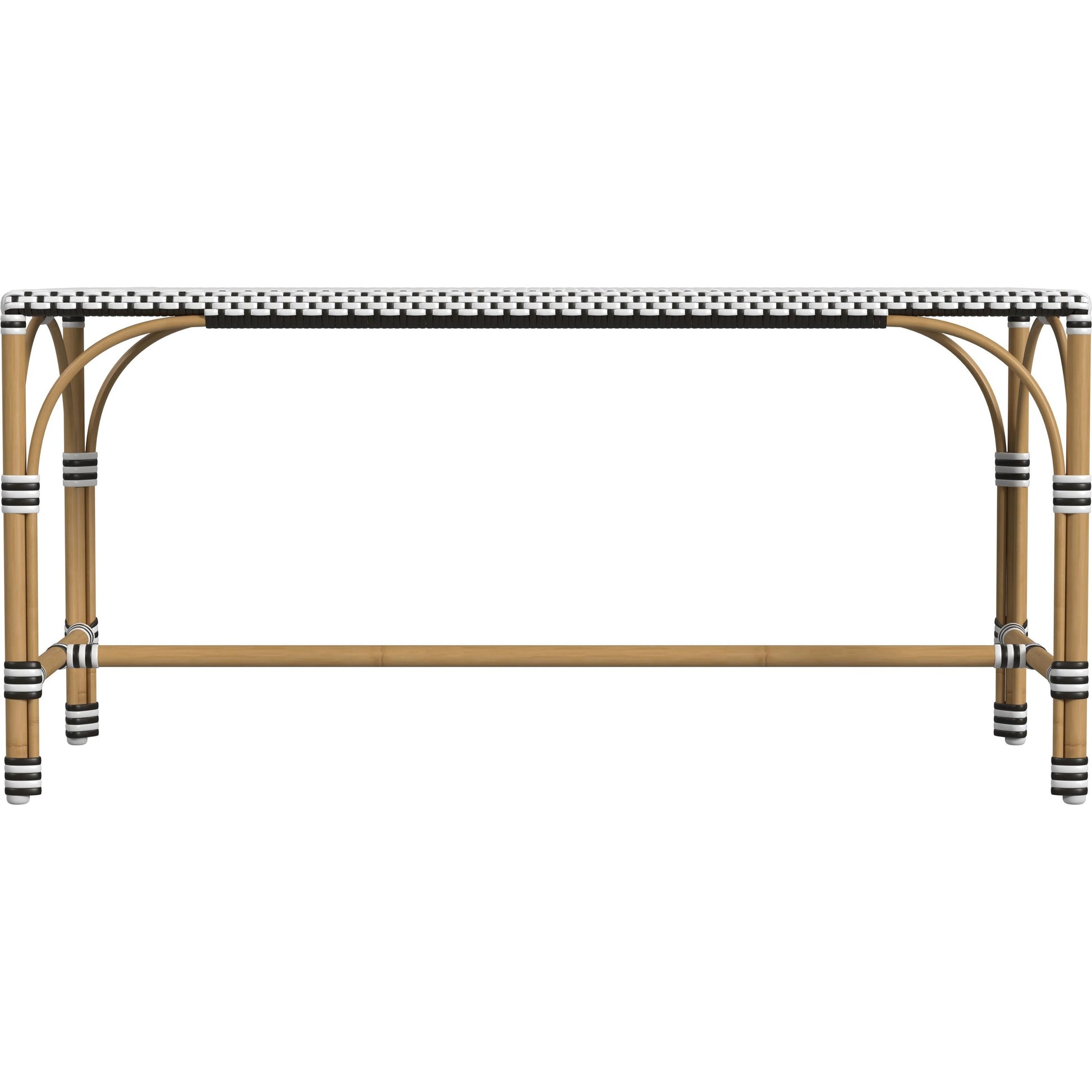 Tobias Outdoor Rattan Rectangular Dining Bench by Butler Specialty Company in black and white. Made from polyethylene rattan weave, metal in a coastal style.