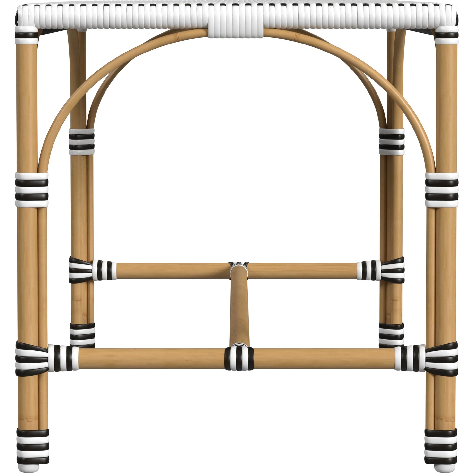 Tobias Outdoor Rattan Rectangular Dining Bench by Butler Specialty Company in black and white. Made from polyethylene rattan weave, metal in a coastal style.