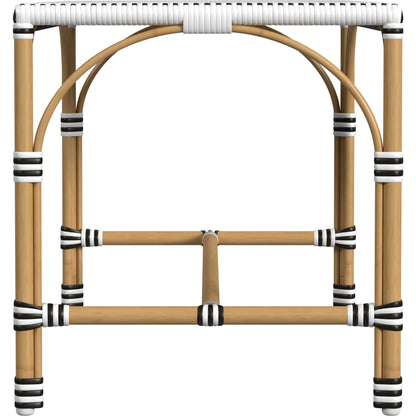 Tobias Outdoor Rattan Rectangular Dining Bench by Butler Specialty Company in black and white. Made from polyethylene rattan weave, metal in a coastal style.