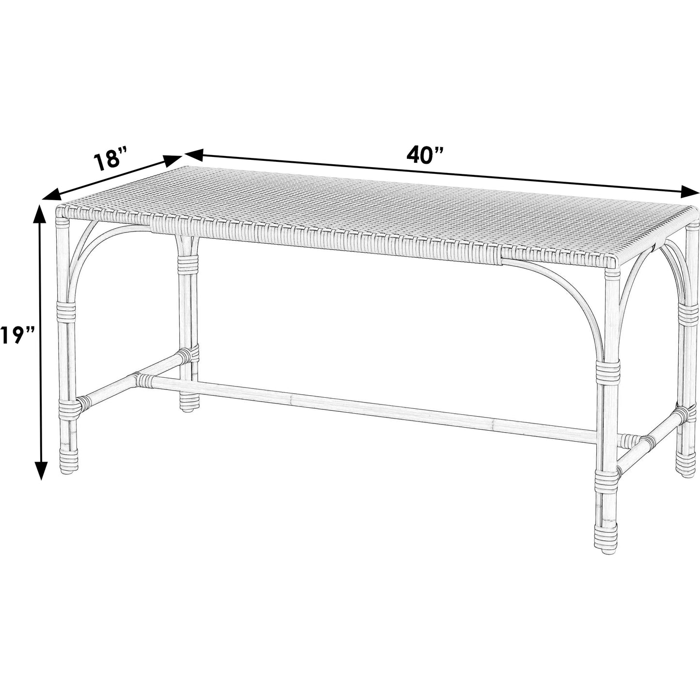 002 SI-2077752 | Additional Silo | Tobias Outdoor Rattan Rectangular Dining Bench by Butler Specialty Company in black and white. Made from polyethylene rattan weave, metal in a coastal style.