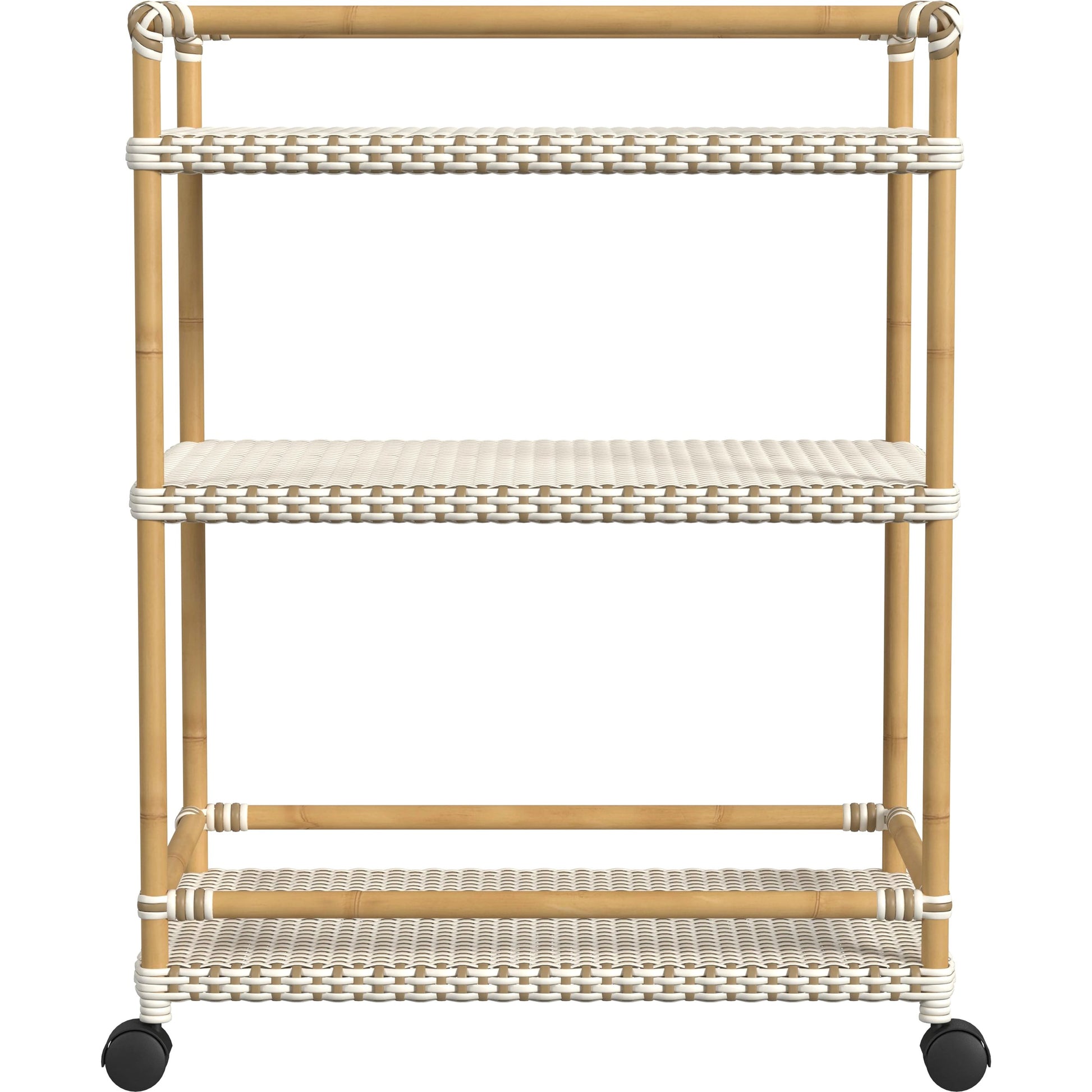 Tobias Outdoor Rattan 3-Tier Bar Cart by Butler Specialty Company. Made from polyethylene rattan weave, metal in a coastal style.