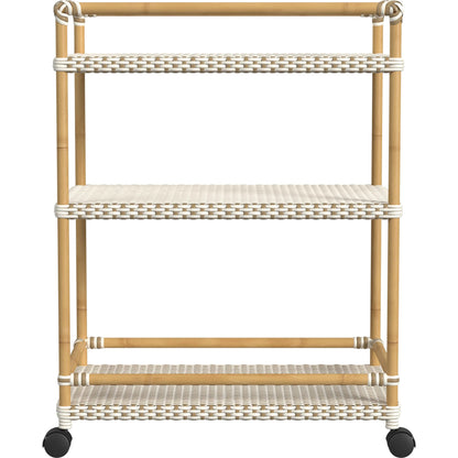 Tobias Outdoor Rattan 3-Tier Bar Cart by Butler Specialty Company. Made from polyethylene rattan weave, metal in a coastal style.