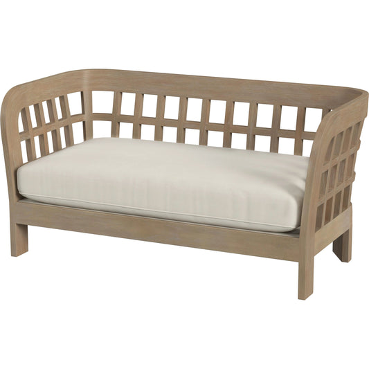 Monhegan Outdoor Loveseat by Butler Specialty Company in natural and natural teak. Made from teak wood, foam, fabric in a cottage & farmhouse style.