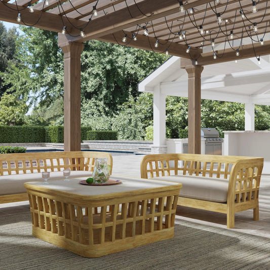 Monhegan Outdoor Loveseat by Butler Specialty Company in natural and natural teak. Made from teak wood, foam, fabric in a cottage & farmhouse style.