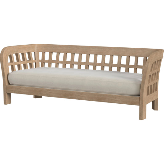Monhegan Outdoor Sofa by Butler Specialty Company in natural and natural teak. Made from teak wood, foam, fabric in a cottage & farmhouse style.